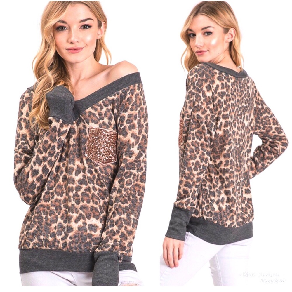So Soft! V Neck Leopard Sequin Pocket Top!